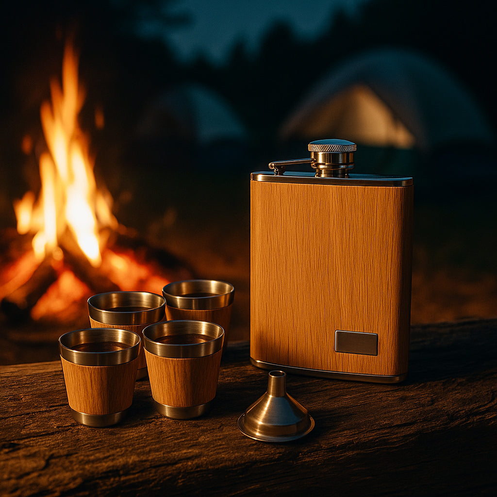 SET MINI LICORERA WHISKEY NOMAD – DISEÑO MADERA + 4 VASOS + EMBUDO