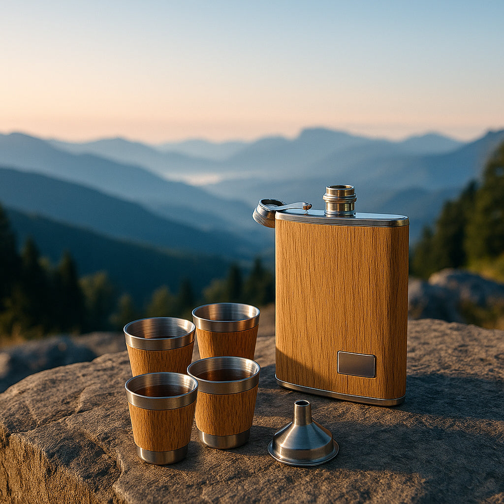 SET MINI LICORERA WHISKEY NOMAD – DISEÑO MADERA + 4 VASOS + EMBUDO