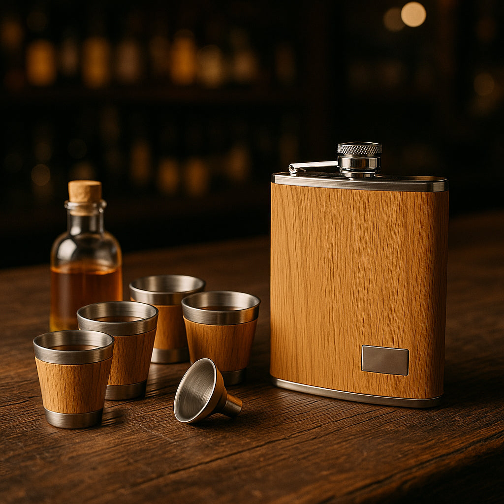SET MINI LICORERA WHISKEY NOMAD – DISEÑO MADERA + 4 VASOS + EMBUDO
