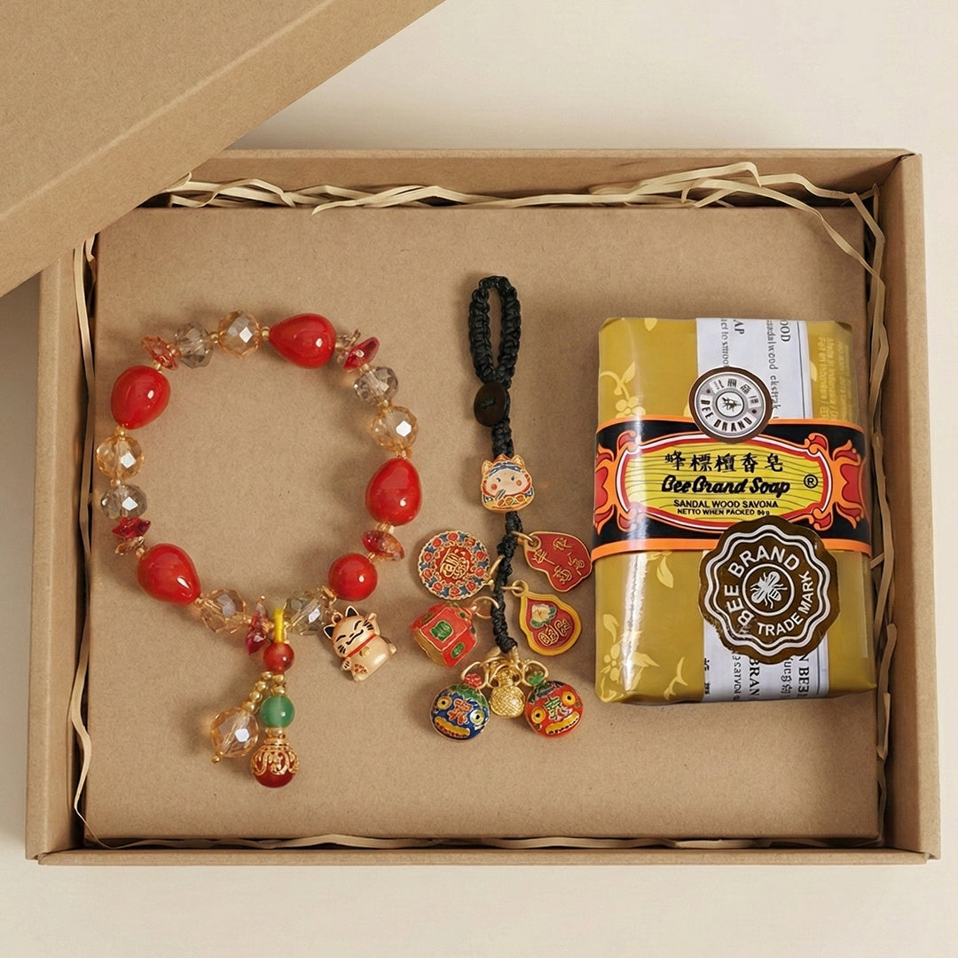 KIT DE LA PROSPERIDAD💲💰 Brazalete chino de la suerte + llavero del dios de la riqueza + jabón de sándalo de abundancia