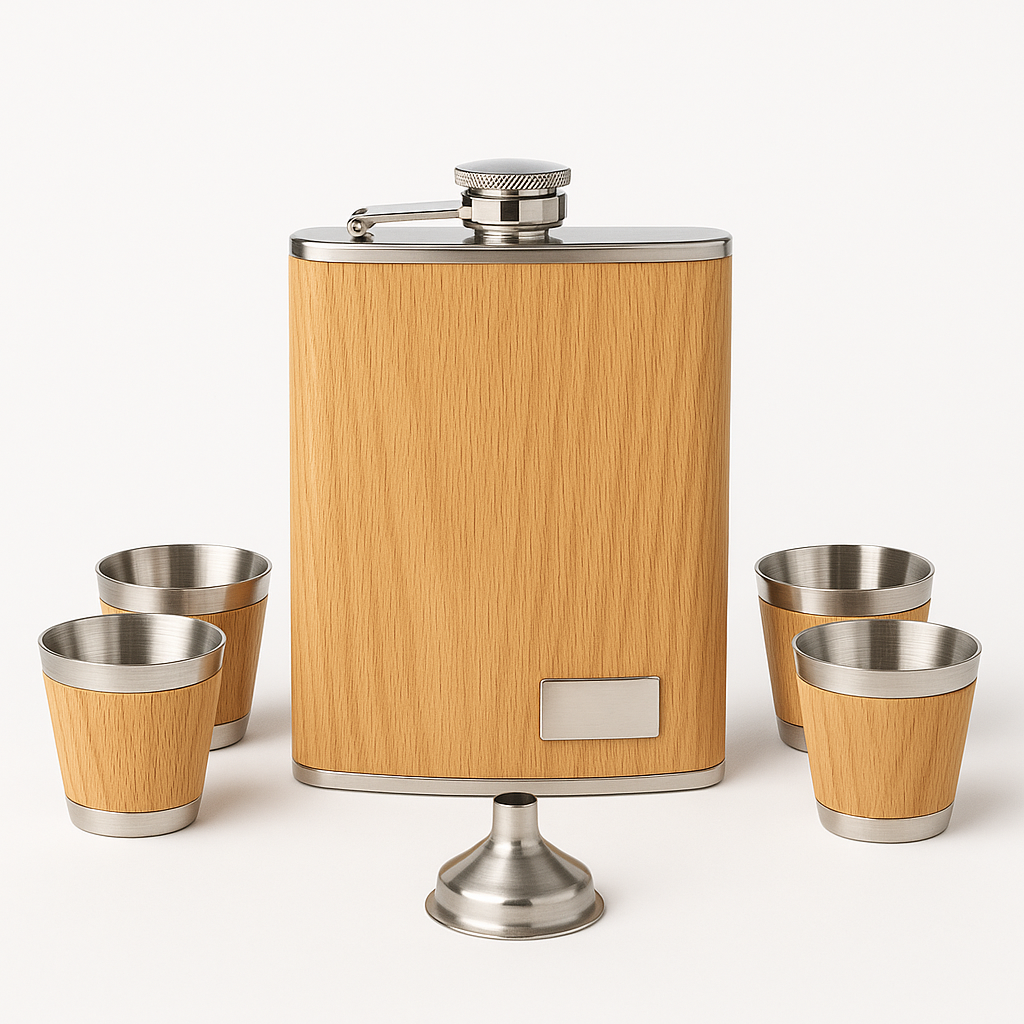 SET MINI LICORERA WHISKEY NOMAD – DISEÑO MADERA + 4 VASOS + EMBUDO
