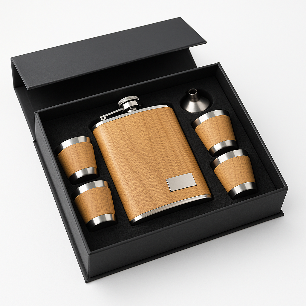 SET MINI LICORERA WHISKEY NOMAD – DISEÑO MADERA + 4 VASOS + EMBUDO