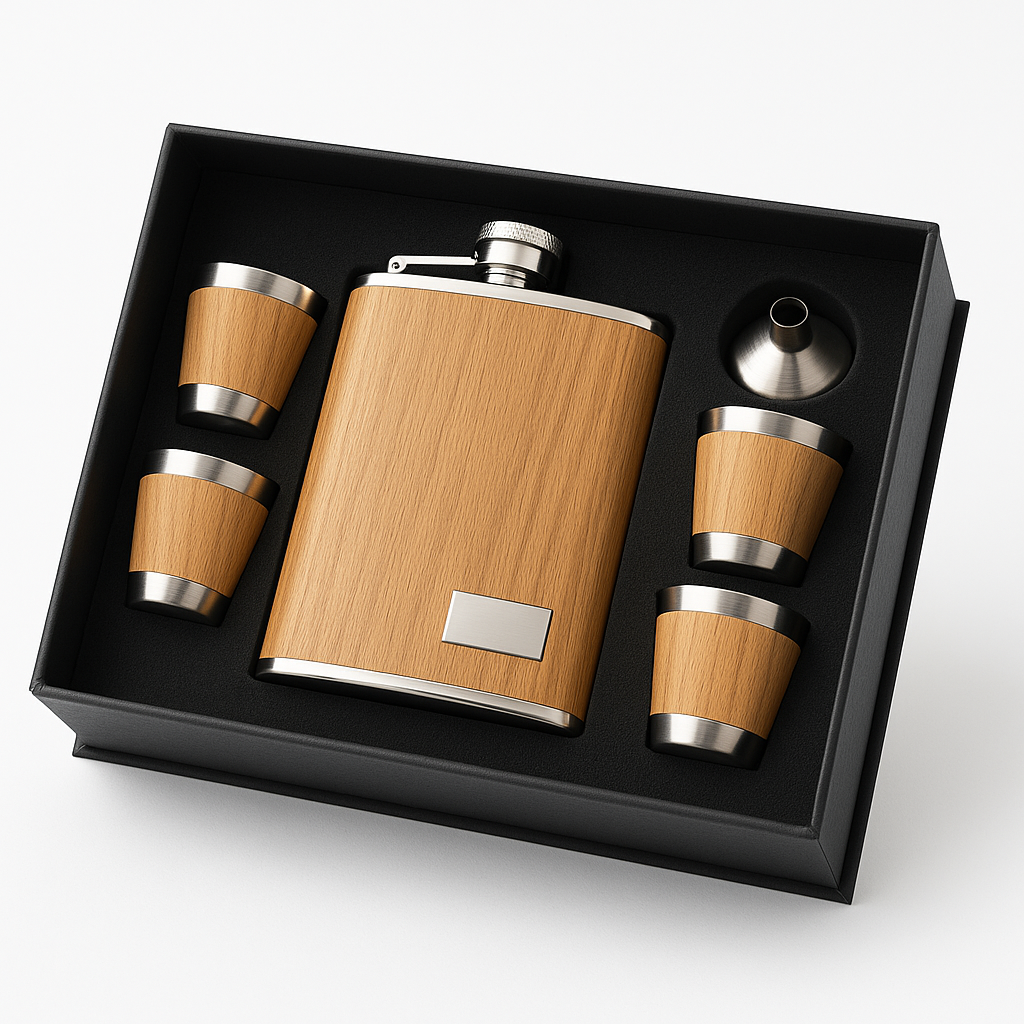 SET MINI LICORERA WHISKEY NOMAD – DISEÑO MADERA + 4 VASOS + EMBUDO