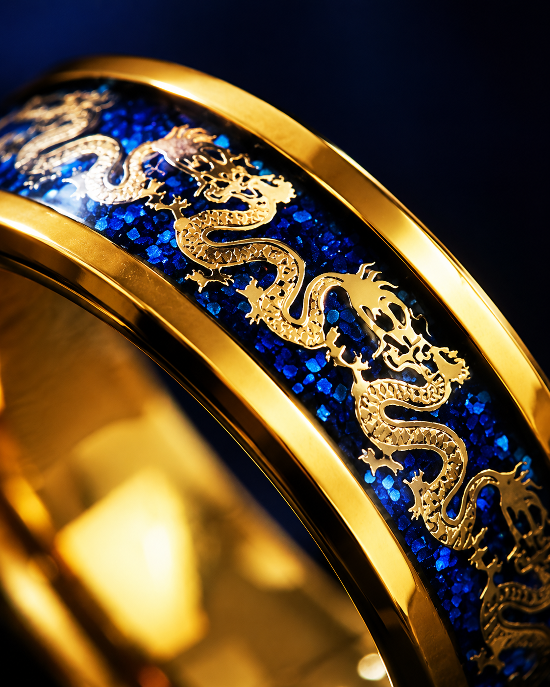 ANILLO DRAGÓN IMPERIAL™ · Anillo Dragón Chino Hombre Dorado Azul · ACERO INOXIDABLE