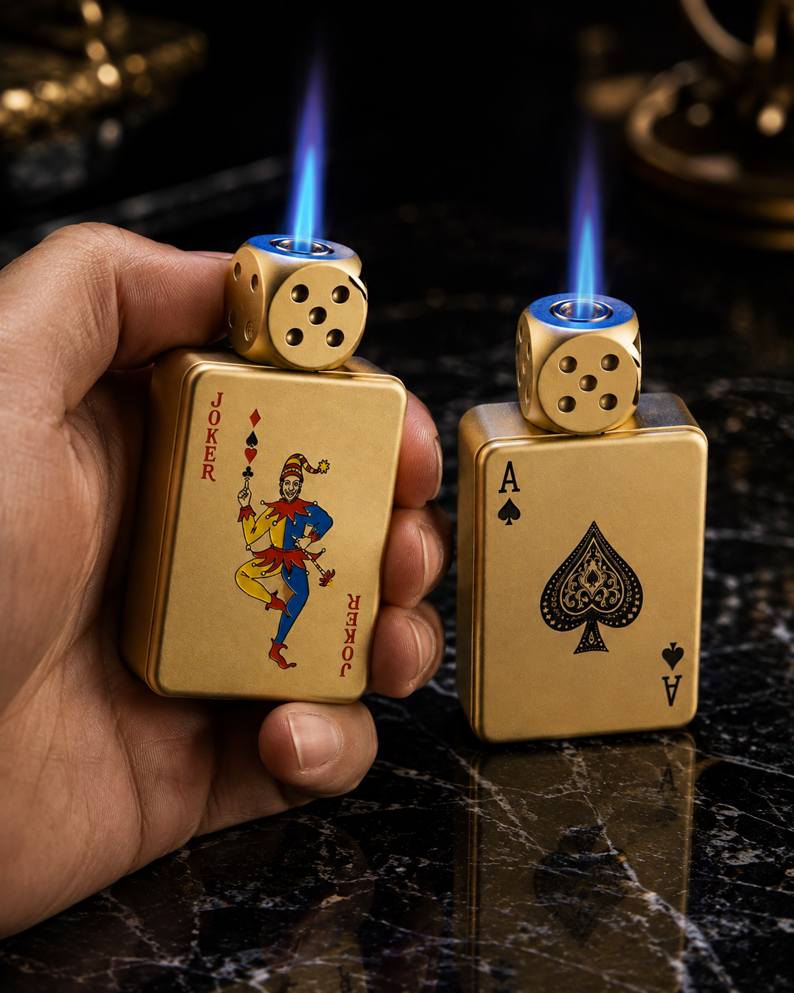SET ALL-IN · 2 Encendedores Joker + As de Espadas con Dado · Recargables