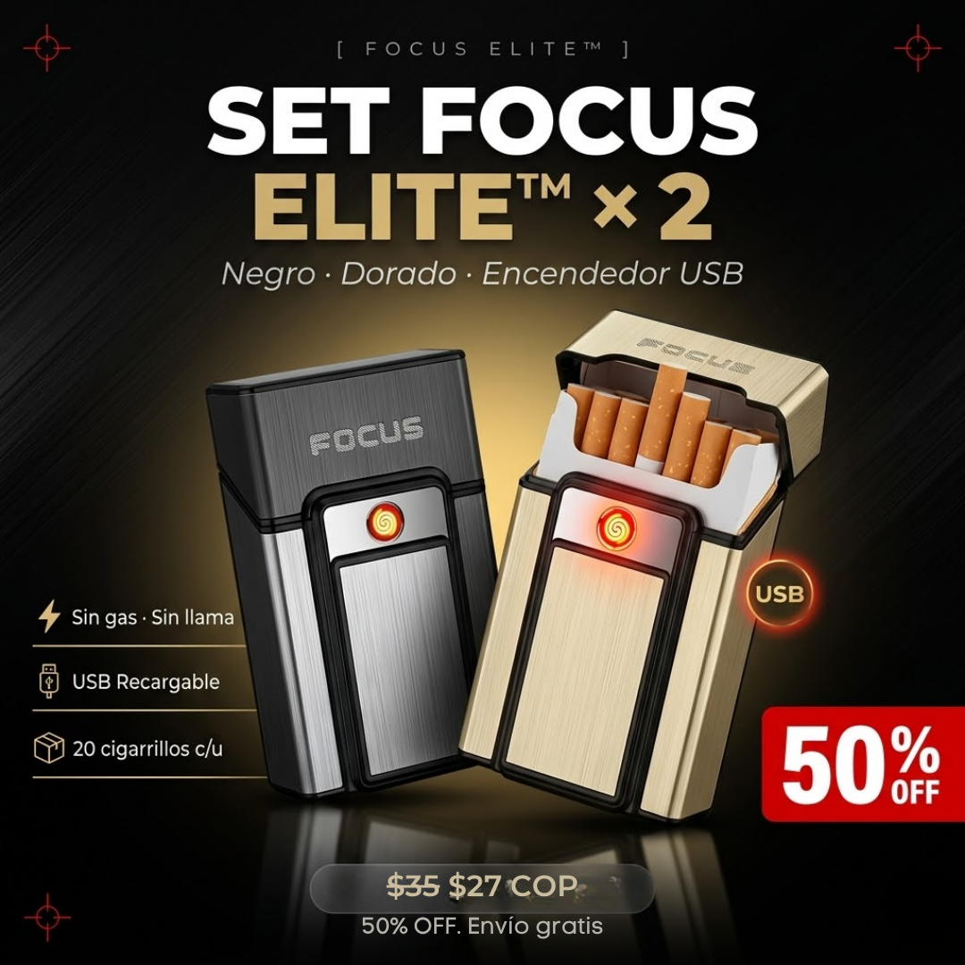 SET FOCUS ELITE™ x2 — Cigarrera con Encendedor USB Negro + Dorado | Sin Gas · Sin Llama