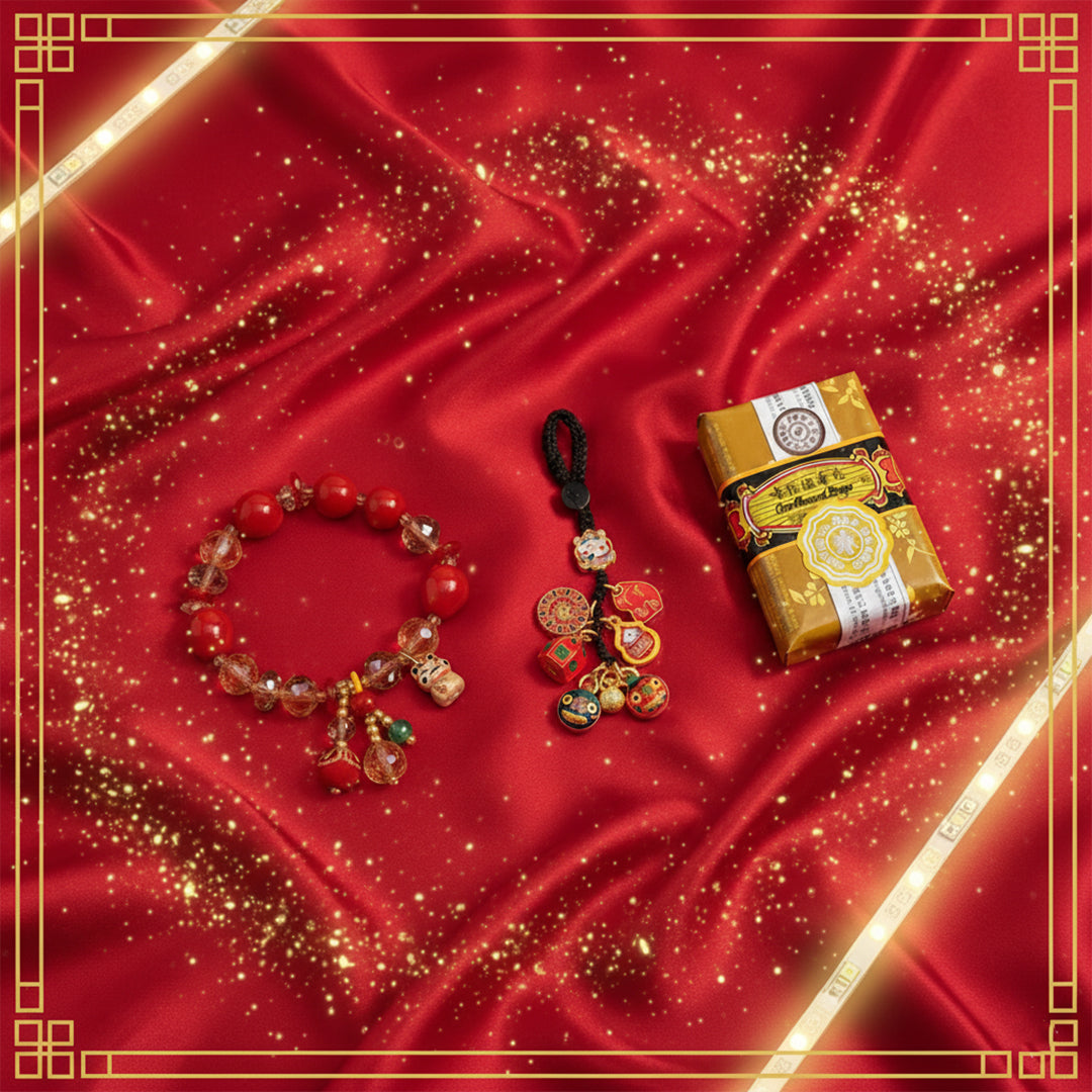 KIT DE LA PROSPERIDAD💲💰 Brazalete chino de la suerte + llavero del dios de la riqueza + jabón de sándalo de abundancia