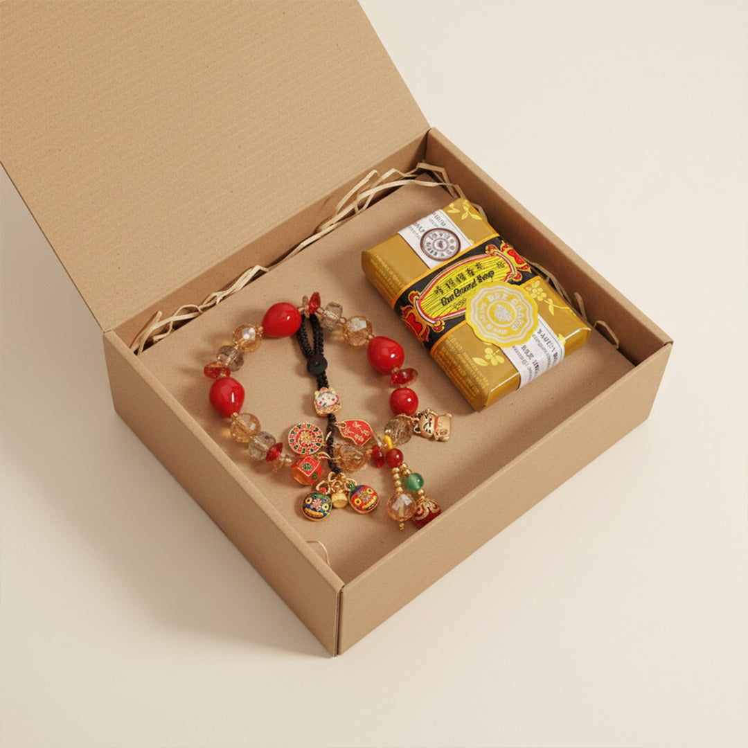 KIT DE LA PROSPERIDAD💲💰 Brazalete chino de la suerte + llavero del dios de la riqueza + jabón de sándalo de abundancia