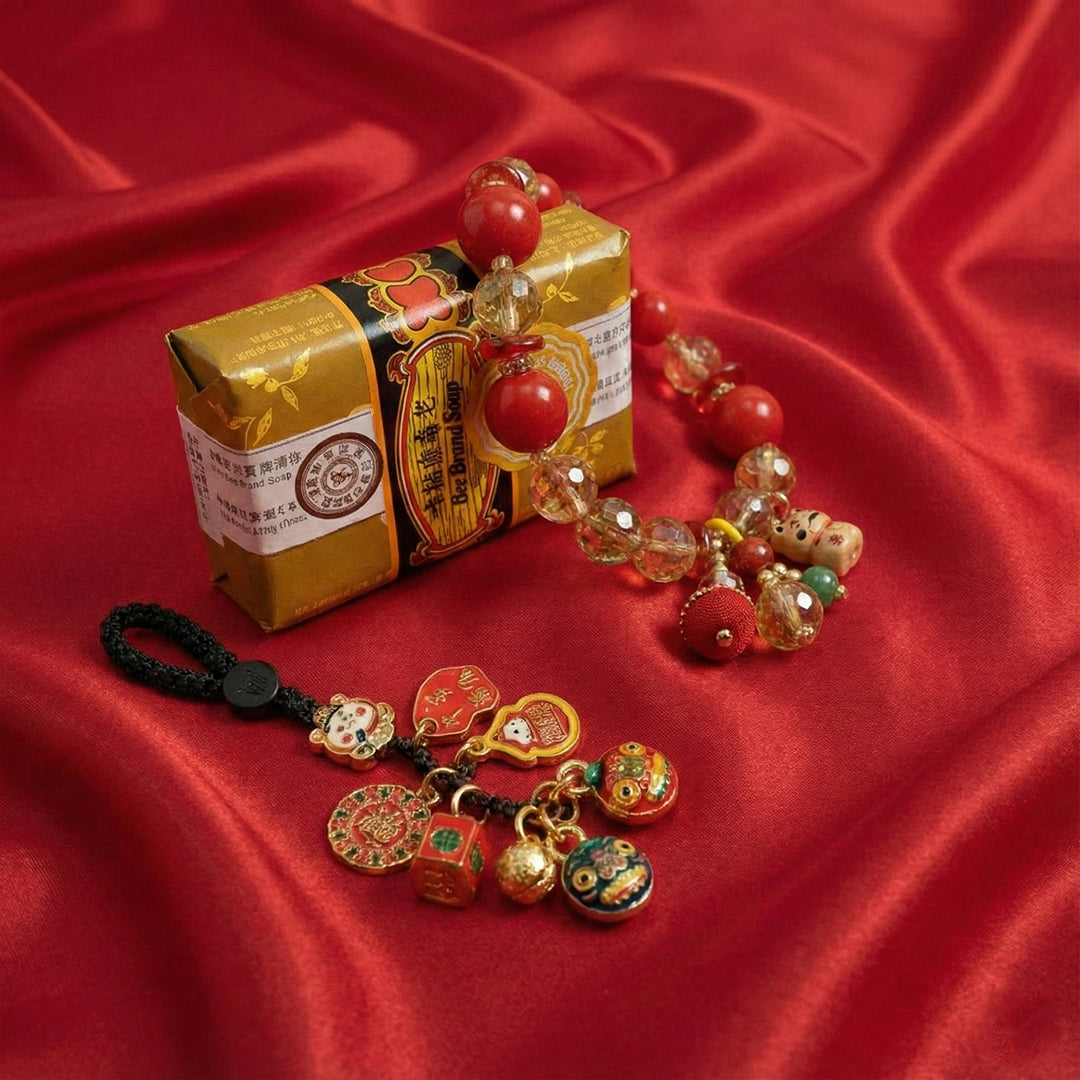 KIT DE LA PROSPERIDAD💲💰 Brazalete chino de la suerte + llavero del dios de la riqueza + jabón de sándalo de abundancia