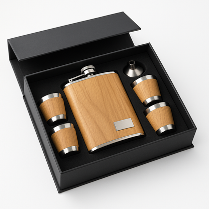 SET MINI LICORERA WHISKEY NOMAD – DISEÑO MADERA + 4 VASOS + EMBUDO