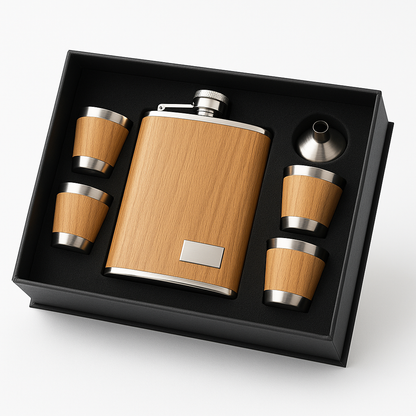 SET MINI LICORERA WHISKEY NOMAD – DISEÑO MADERA + 4 VASOS + EMBUDO