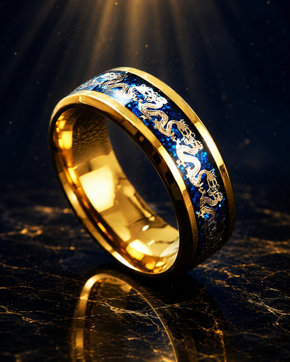 ANILLO DRAGÓN IMPERIAL™ · Anillo Dragón Chino Hombre Dorado Azul  · ACERO INOXIDABLE