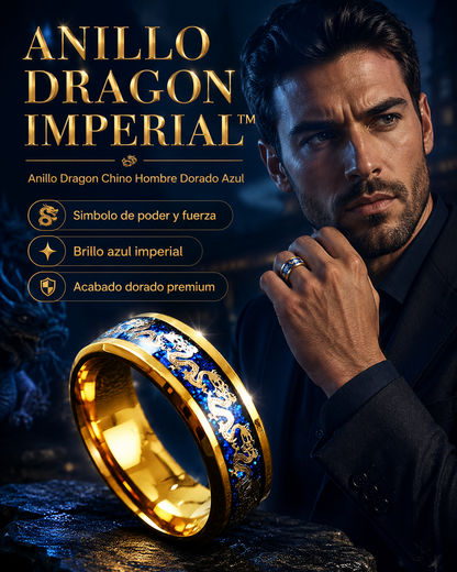 ANILLO DRAGÓN IMPERIAL™ · Anillo Dragón Chino Hombre Dorado Azul  · ACERO INOXIDABLE