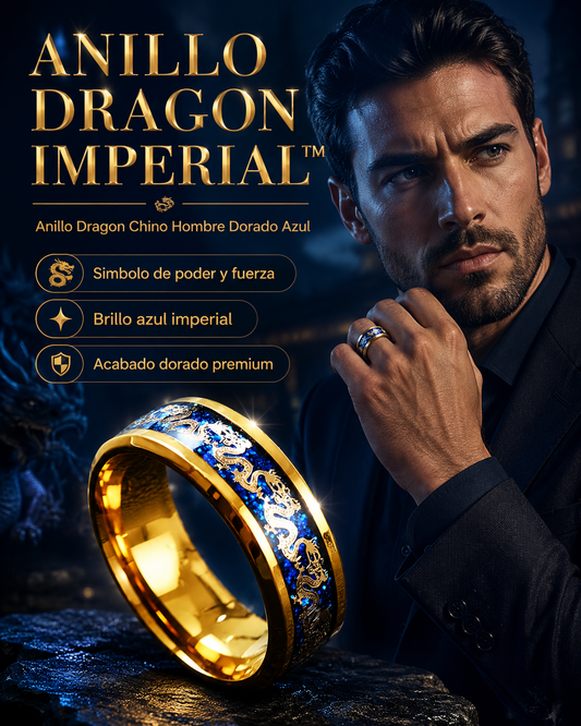 ANILLO DRAGÓN IMPERIAL™ · Anillo Dragón Chino Hombre Dorado Azul  · ACERO INOXIDABLE