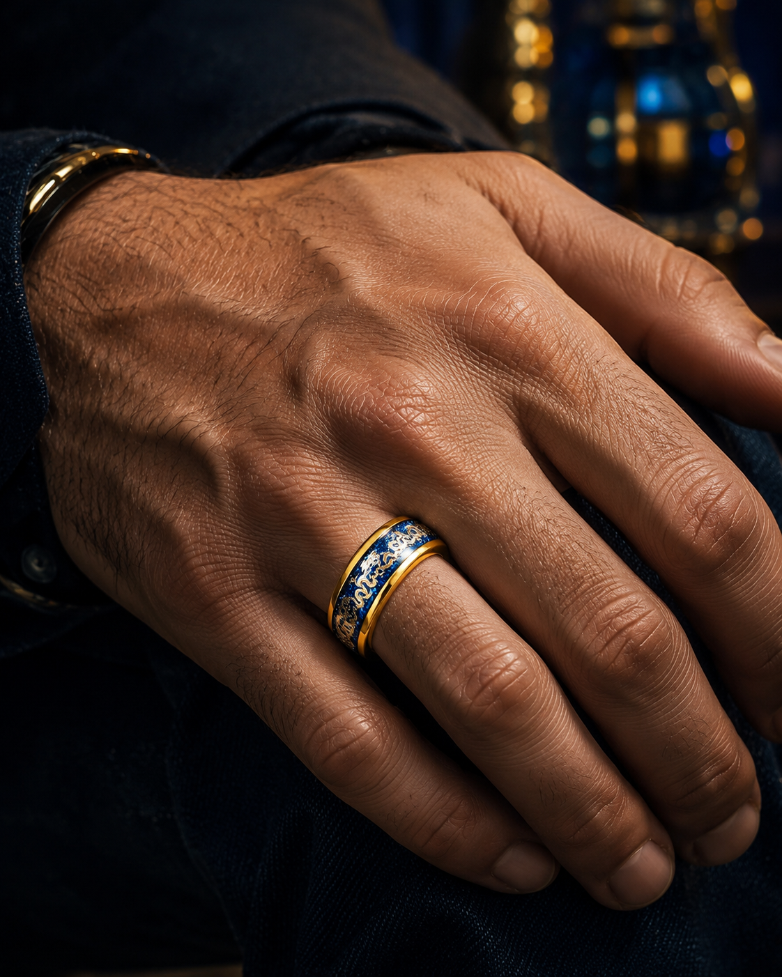 ANILLO DRAGÓN IMPERIAL™ · Anillo Dragón Chino Hombre Dorado Azul  · ACERO INOXIDABLE