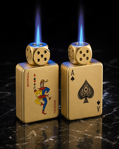 SET ALL-IN · 2 Encendedores Joker + As de Espadas con Dado · Recargables