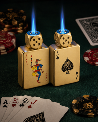 SET ALL-IN · 2 Encendedores Joker + As de Espadas con Dado · Recargables