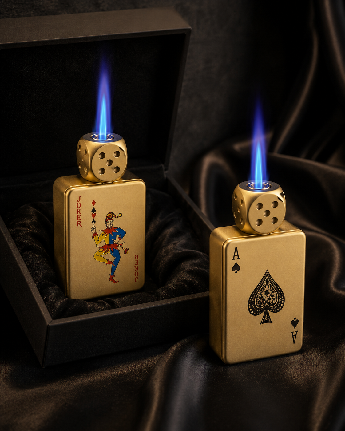 SET ALL-IN · 2 Encendedores Joker + As de Espadas con Dado · Recargables