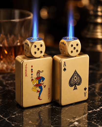 SET ALL-IN · 2 Encendedores Joker + As de Espadas con Dado · Recargables