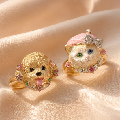 COLECCIÓN PET LOVE™ · Anillos Ajustables Perrito & Gatito · CoverGold + Circonias