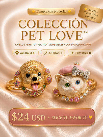 COLECCIÓN PET LOVE™ · Anillos Ajustables Perrito & Gatito · CoverGold + Circonias