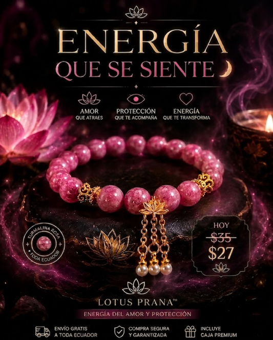 PULSERA LOTUS PRANA™ · Turmalina Rosa + Flor de Loto · Energía del Amor y Protección