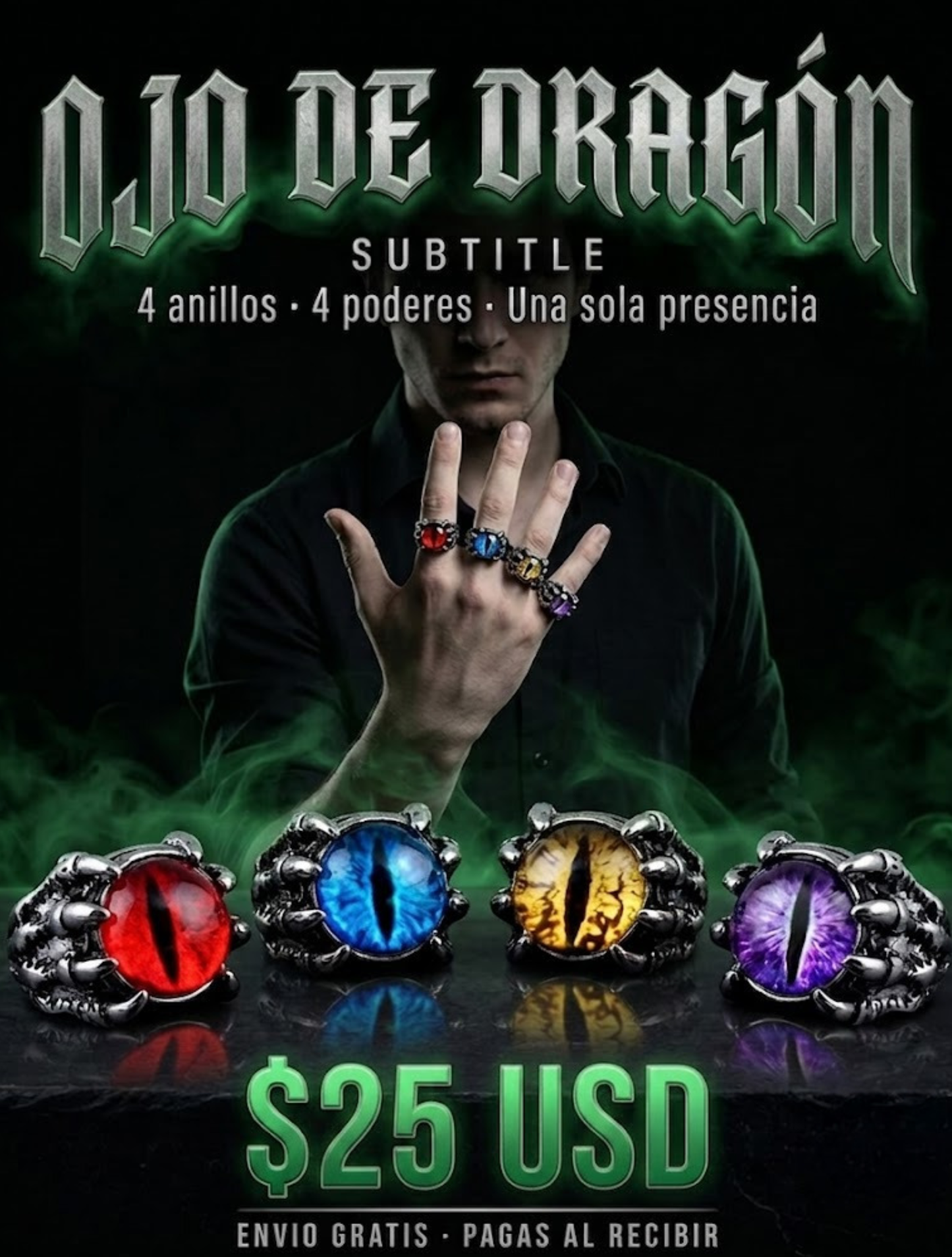 SET OJO DE DRAGÓN · Set x4 Anillos Garra Ojo de Dragón · Gótico Unisex