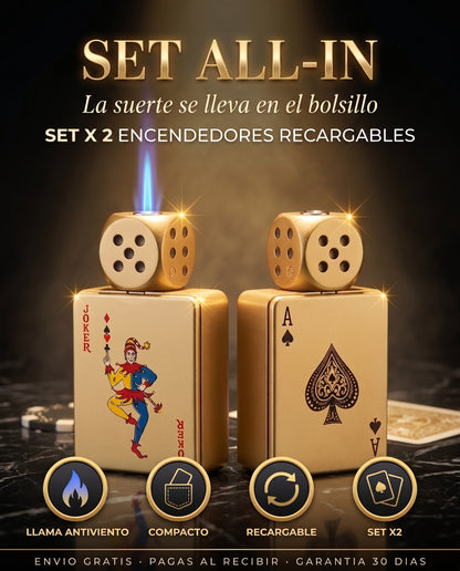 SET ALL-IN · 2 Encendedores Joker + As de Espadas con Dado · Recargables