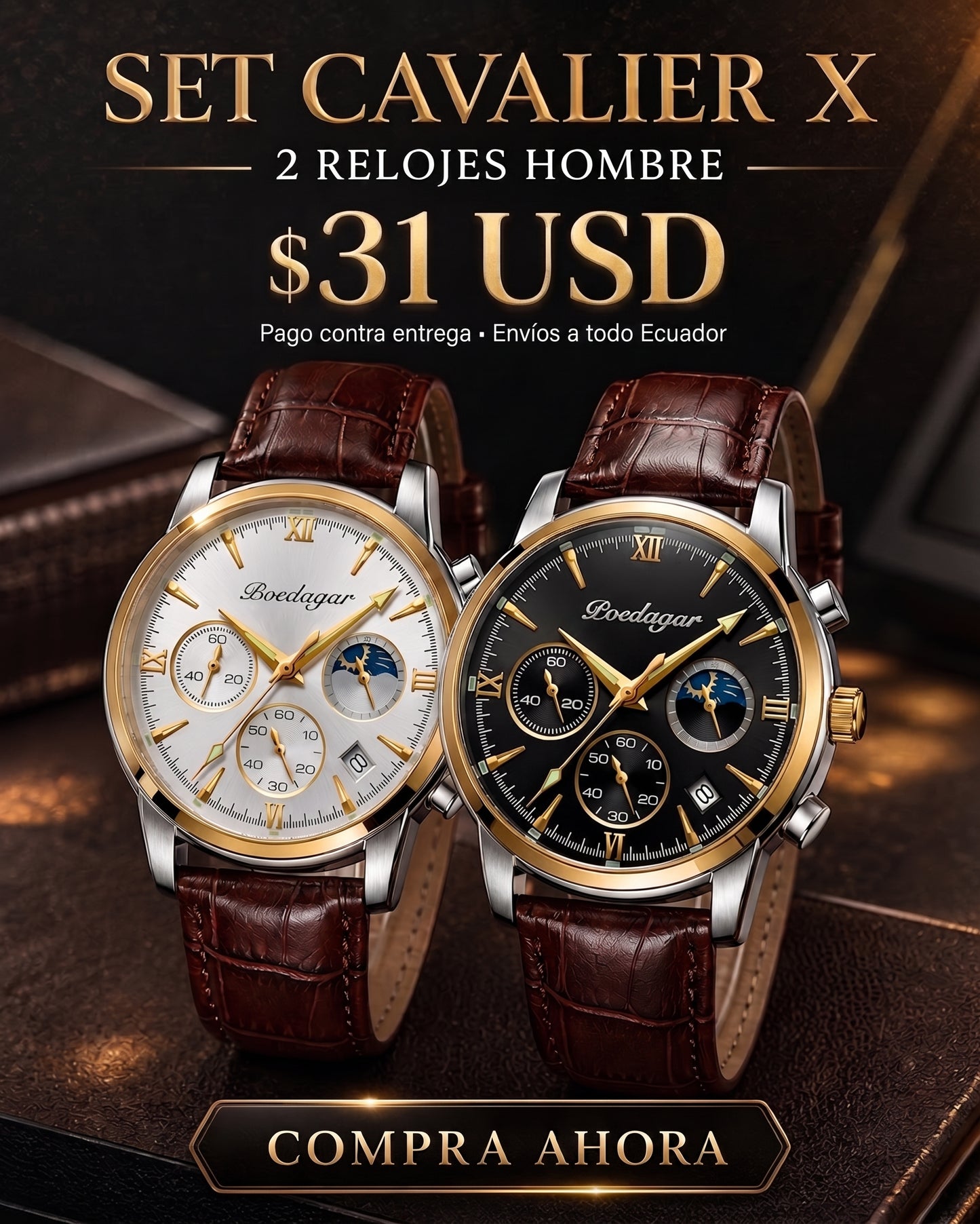 SET DUO CAVALIER™ · 2 Relojes Hombre Correa Cuero · Luxury Edition