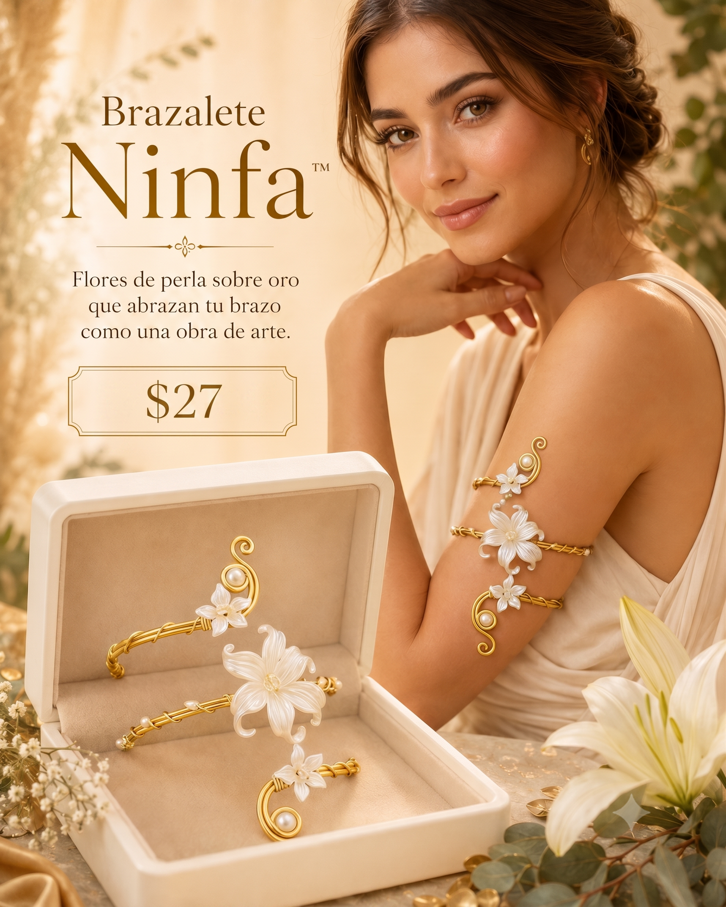 BRAZALETE NINFA™ · Brazalete de Brazo Flores de Perla · Accesorio Mujer Exclusivo
