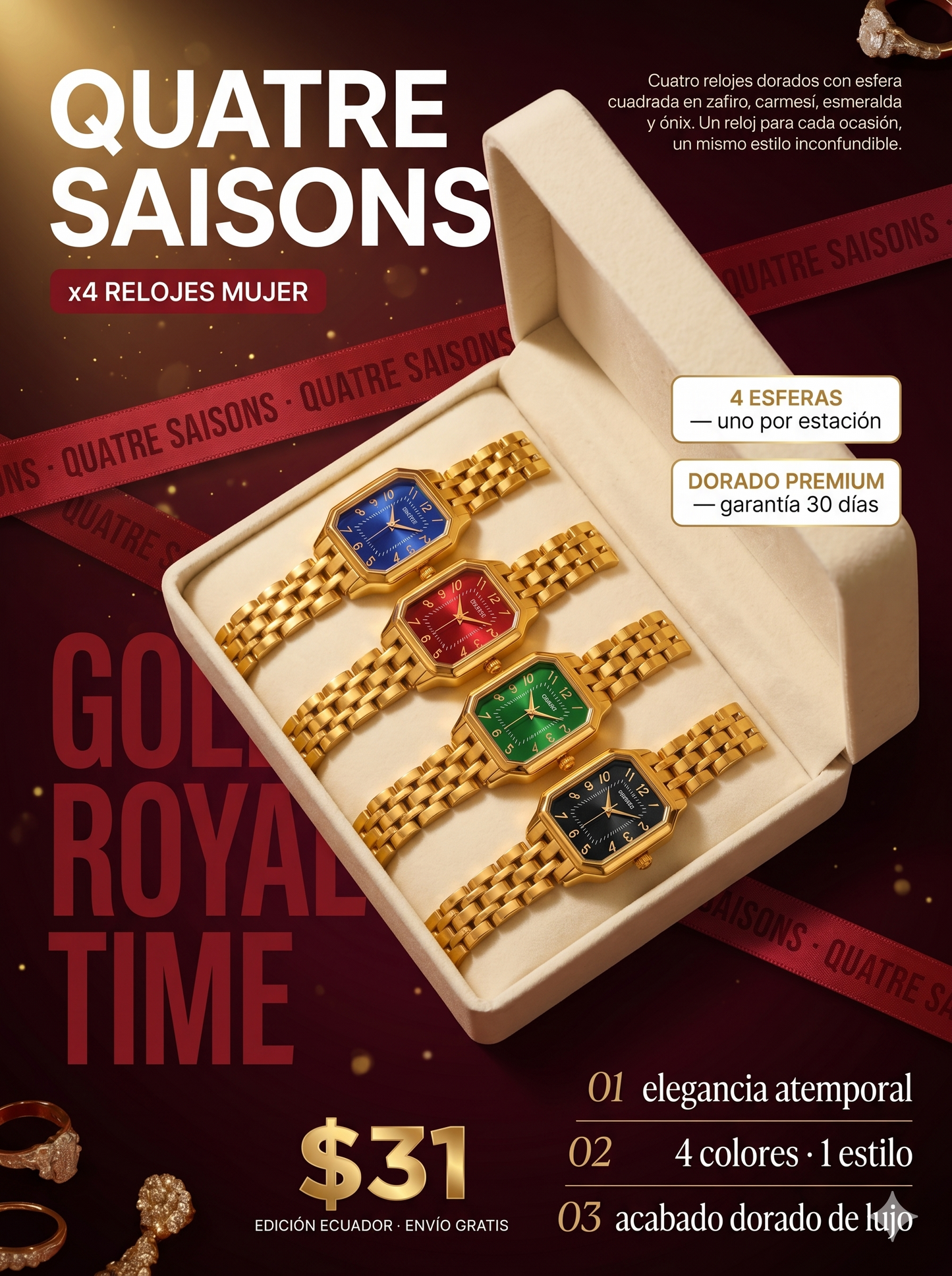 SET QUATRE SAISONS™ · 4 Relojes Mujer · Esfera Cuadrada Dorada