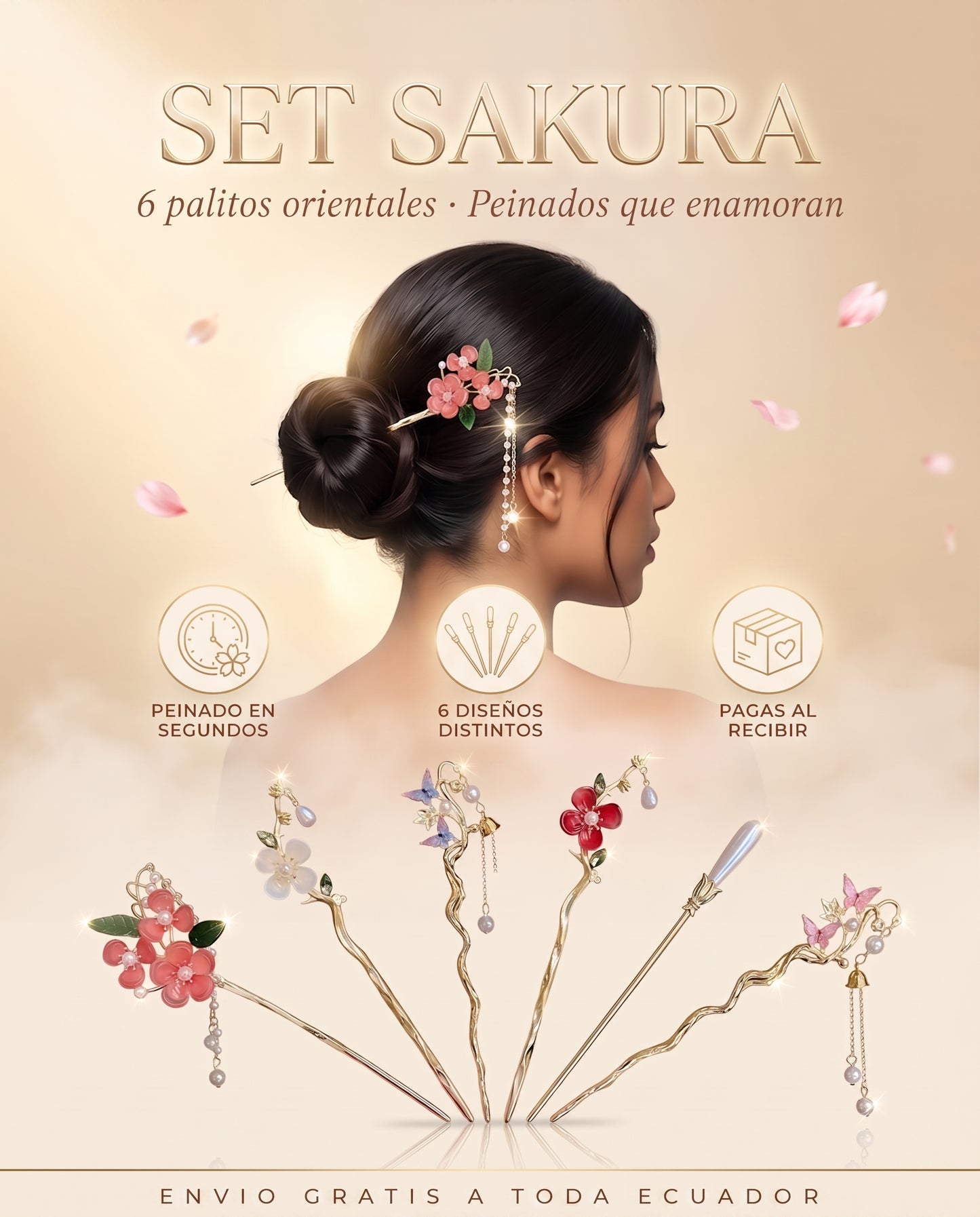 SET SAKURA · Set x6 Palitos Orientales para el Cabello · Flores y Perlas