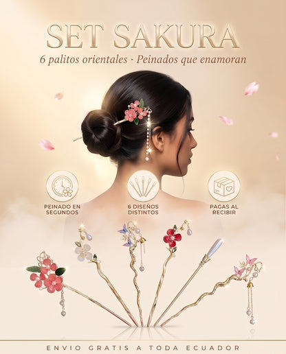 SET SAKURA · Set x6 Palitos Orientales para el Cabello · Flores y Perlas