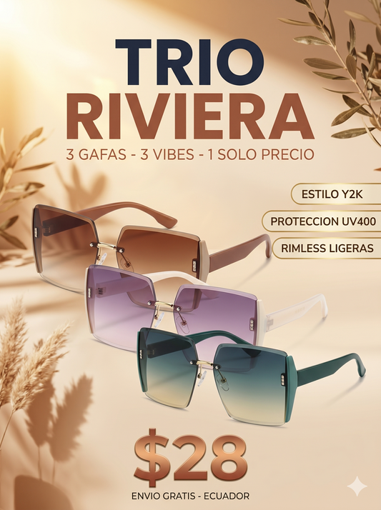 SET TRIO RIVIERA™ · 3 Gafas Oversized Mujer · Estilo Y2K Rimless