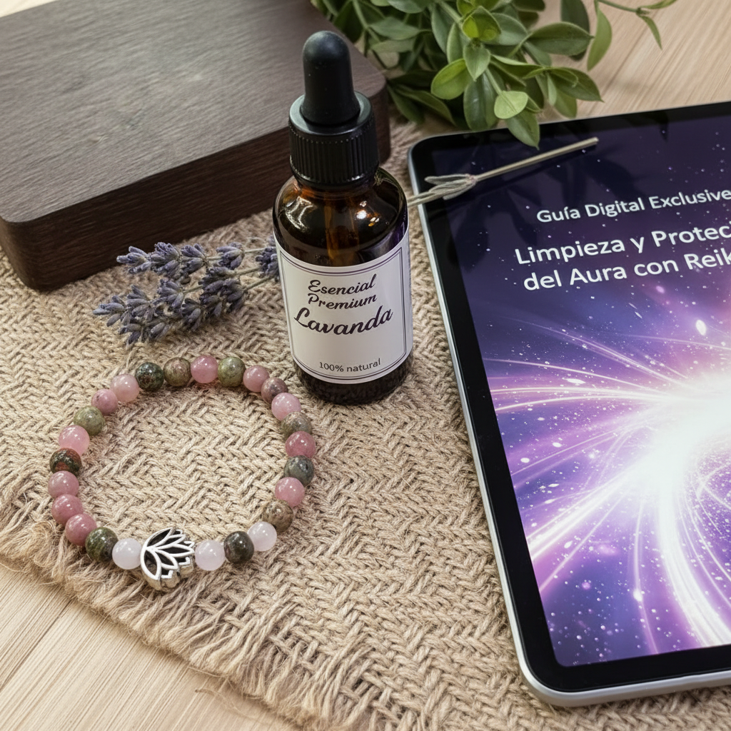 KIT DE PROTECCIÓN & SANACIÓN REIKI LOTUS💮 Brazalete de piedras sanadoras + Aceite esencial de Lavanda + Guia digital