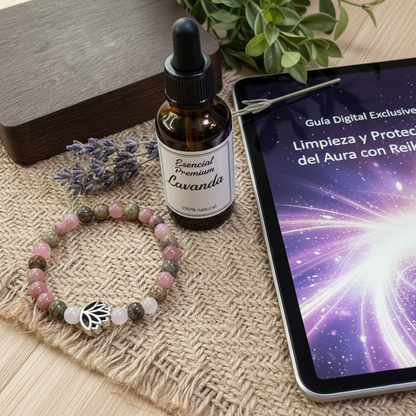 KIT DE PROTECCIÓN & SANACIÓN REIKI LOTUS💮 Brazalete de piedras sanadoras + Aceite esencial de Lavanda + Guia digital