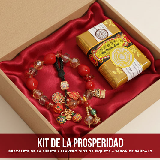 KIT DE LA PROSPERIDAD💲💰 Brazalete chino de la suerte + llavero del dios de la riqueza + jabón de sándalo de abundancia