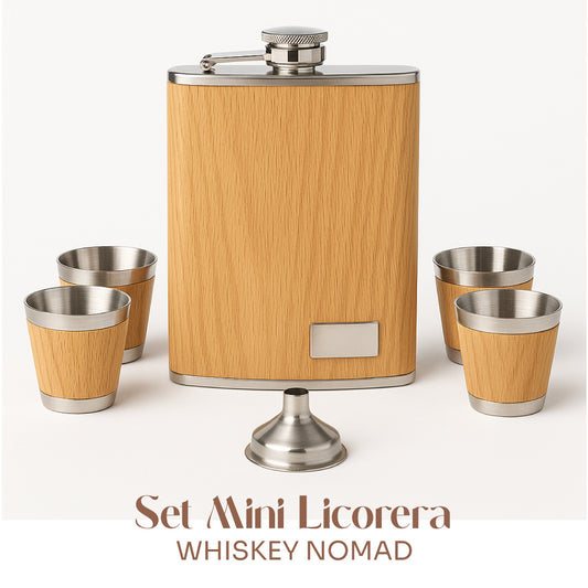 SET MINI LICORERA WHISKEY NOMAD – DISEÑO MADERA + 4 VASOS + EMBUDO