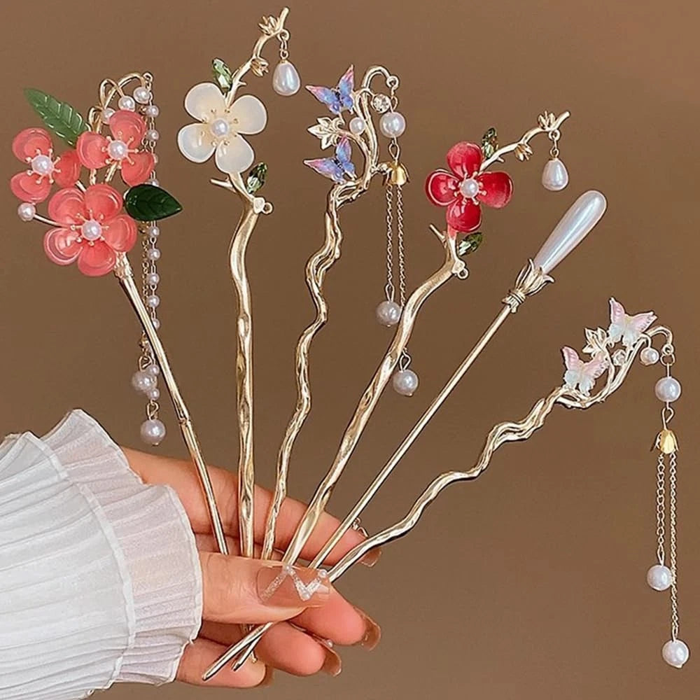 SET SAKURA · Set x6 Palitos Orientales para el Cabello · Flores y Perlas