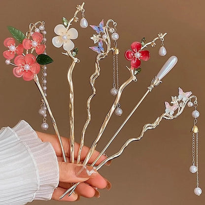 SET SAKURA · Set x6 Palitos Orientales para el Cabello · Flores y Perlas