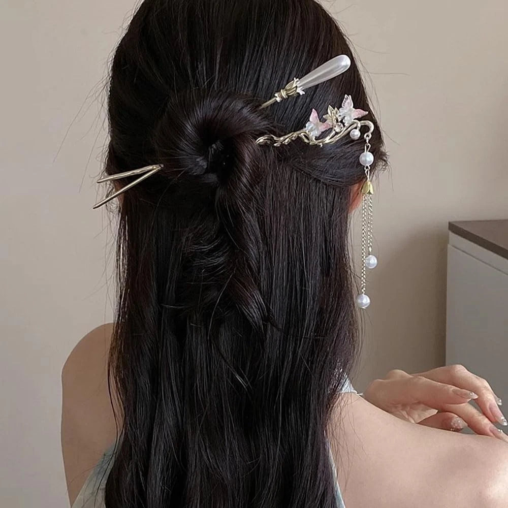 SET SAKURA · Set x6 Palitos Orientales para el Cabello · Flores y Perlas